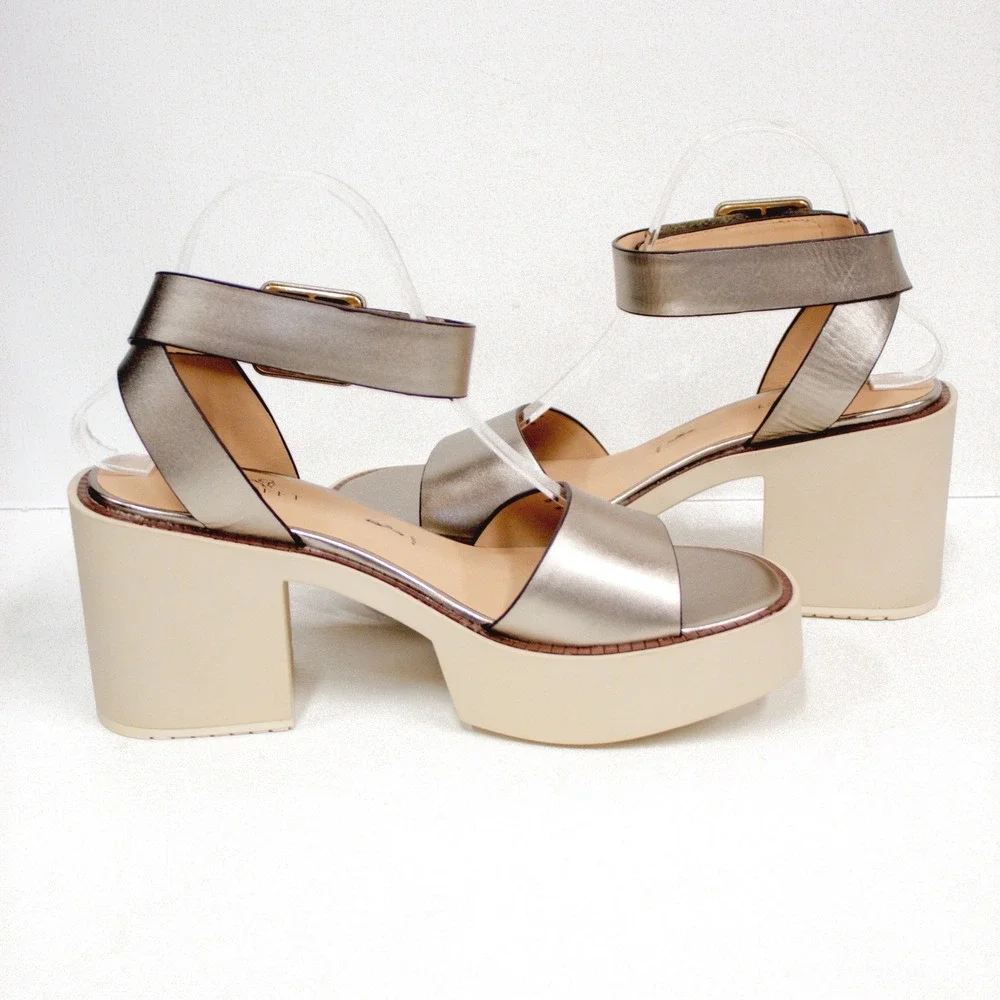 Naked Feet Iconoclast Silver Leather Platform Block Heel Sandals 8.5M